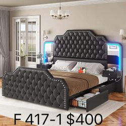 Full size PU Leather Upholstered LED Bed Frame With 2 Nightstands 2 Mirrors Black(417-1)