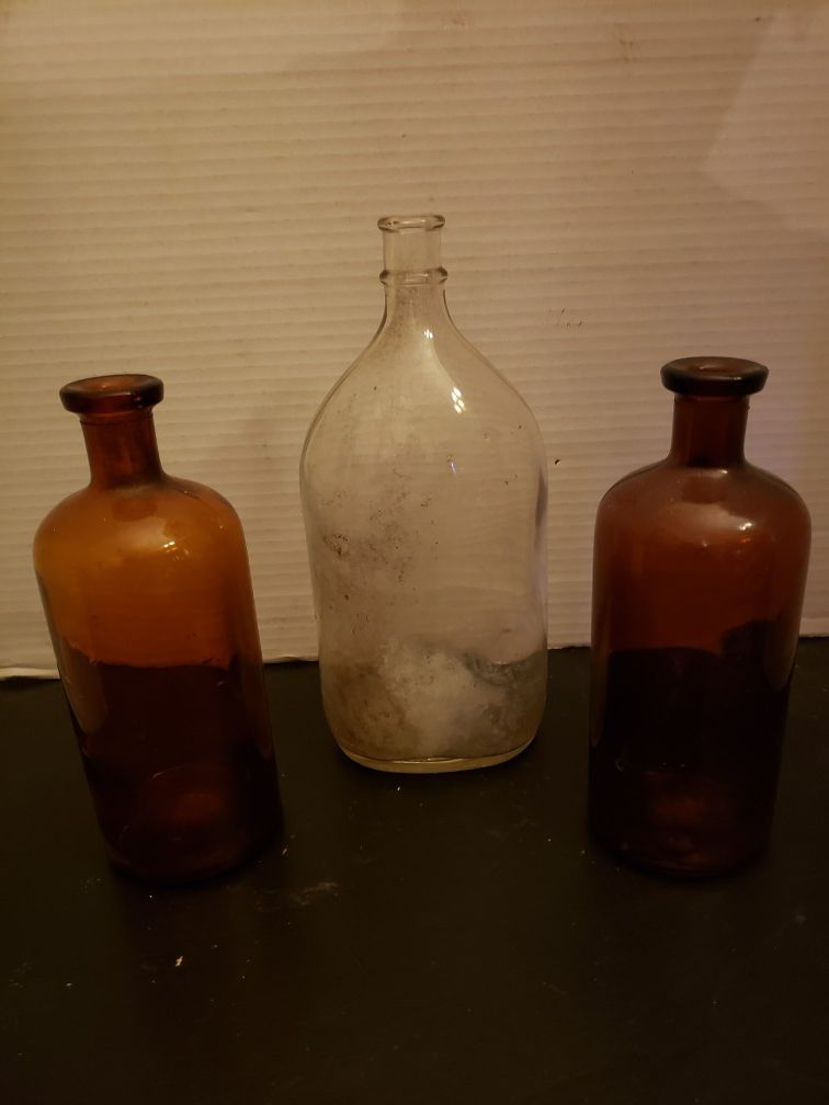 3 Vintage Apothecary bottles ($12 for all 3) clear 8" brown 6" tall