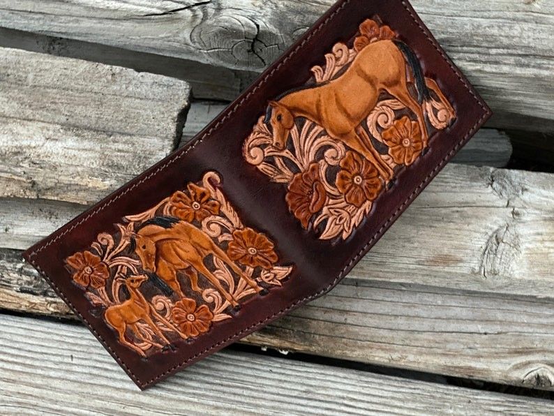 Men's Hand Tooled Western Leather Wallet-Equestrian Design