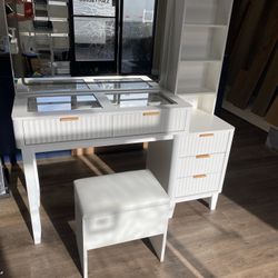 Vanity Desk with Mirror and LED Lights, Makeup Table with 5 Drawers and Storage Shelves Stool Included