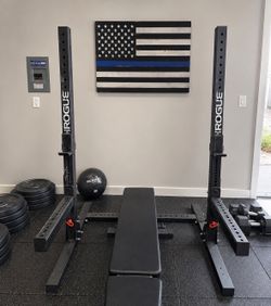 Rogue Monster Lite squat rack and bumper plates