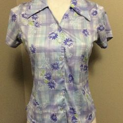 Vtg 90s Purple Blue Plaid Floral Print CLUB KID Flower Button Down Shirt Small