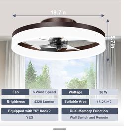 VOLISUN Low Profile Ceiling Fans With Lights And Remote, 19.7in Fandelier Ceiling Fan Flush Mount, 3000K-6500K Smart Bladeless LED Fan Light, Brown Mo