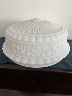 Extra Large 16" Antique Art Deco Milk Glass Ceiling Globe – Ornate Floral Cameo