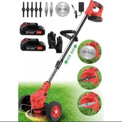 Electric Weed Wacker, Cordless String Trimmer with Wheels,  2Pcs 24V Batteries