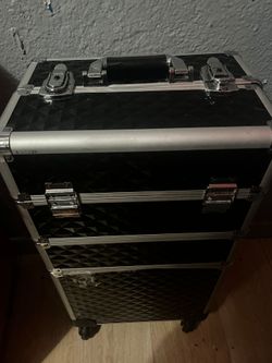 Rolling Makeup Trolley Case w/ Handle, Black/Silver Aluminum Metal Hard Shell