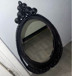Black Plastic Wicker Oval Wall Mirror