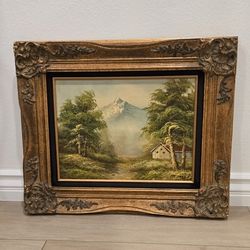 Vintage Serene Landscape Hand Painting With Ornate Gold Wood Frame 20x24 inches