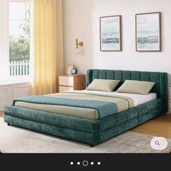Queen Size Upholstered Bed Frame Dark Teal Green Chenille Fabric Storage Drawers