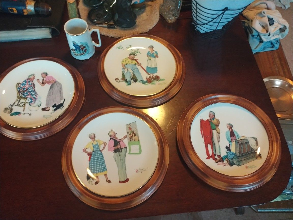 Set Of Norman Rockwell 1978 Seasonal Plates with Wood Frames