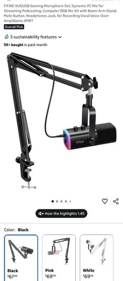 FIFINE XLR/USB Gaming Microphone Set, Dynamic PC Mic for Streaming Podcasting, Computer RGB Mic Kit with Boom Arm Stand, Mute Button, Headphones Jack,