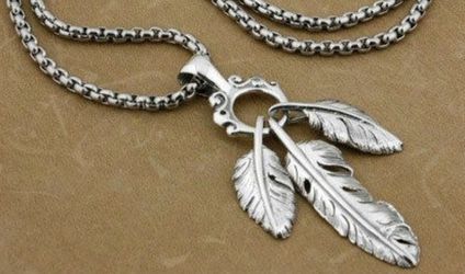 Solid 925 Sterling Silver Men's Three Feather Pendant Necklace