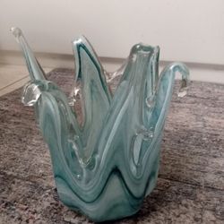 Vintage Art Glass Vase, Tulip Free Form Vase, Lavorazione Style Vase, Turquoise Gold Fleck Vase