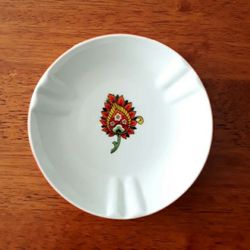 Vintage Art Deco White Porcelain Trinket Dish or Ashtray with Red Floral Motif 