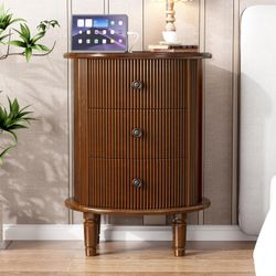 Set of 2 - Walnut Wooden Rounded Nightstands w/ 3 Drawers & USB Charger [NEW] **No Assembly Req