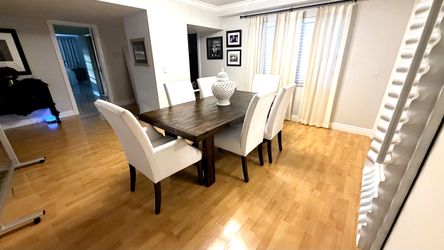 Rustic Farmhouse Dining Table + 6 Upholstered Chairs