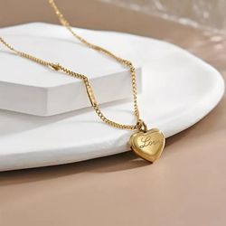 Stainless Steel Necklace. Heart Pendant Necklace. Women Jewelry. Love Engraving. Gold Tone. 