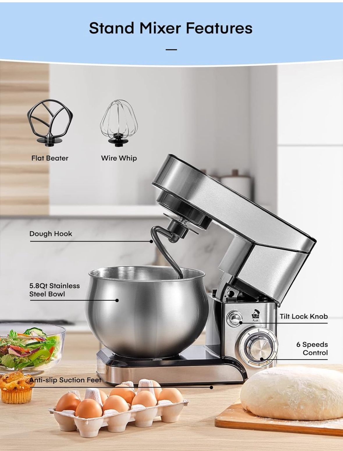 5.8 QT Stainless Steel Mixer with Dough Hook, Mixing Beater, Wire Whip, Dishwasher-safe, 6+P Speeds Tilt-Head Kitchen Dough Mixers for Cake, Electric