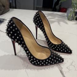 Christian Louboutin Folies Black Velvet Spike Red Bottom Women's Heels