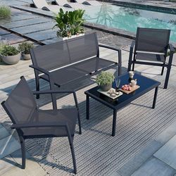 4 Pieces Patio Furniture Set All Weather Textile Fabric Outdoor Conversation Set, with Glass Coffee Table, Loveseat, 2 Single Chairs for Home, Garden,