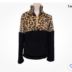 Women's Leopard Print Colorblock 1/4 Zip Fleece Pullover - Small