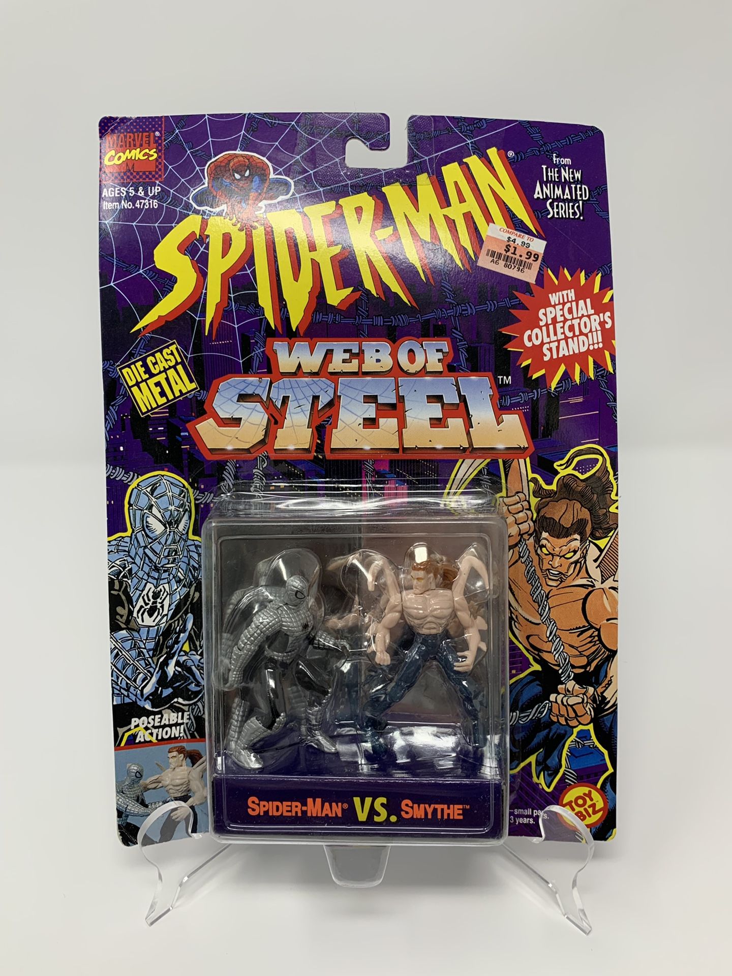 BRAND NEW Vintage Marvel’s Spider-Man Web of Steel (Die Cast Metal Miniatures) Spider-Man Vs Smythe (Card Slightly Bent)