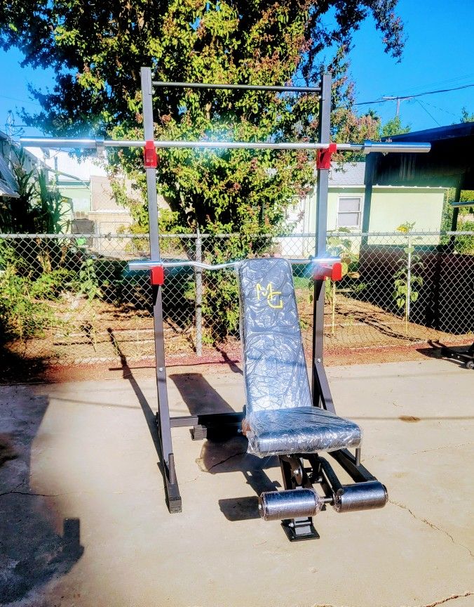 Squat Rack +Olympic Barbell +Curl Bar + Max Gravity Adjustable Bench NEW