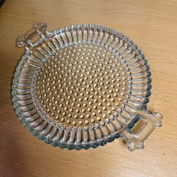 Vintage Jeanette Pressed Glass Handled Serving Plate w/ Hobnail Design