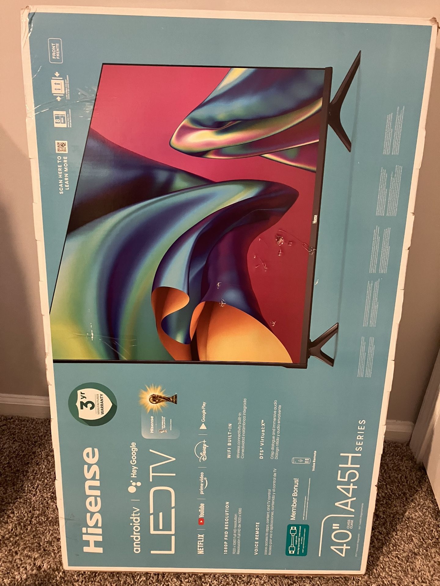 New 40” Android Smart Tv Hisense W/Wall Mount