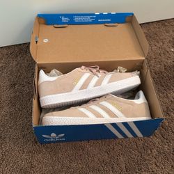 Baby Pink/tan Adidas Gazelles 