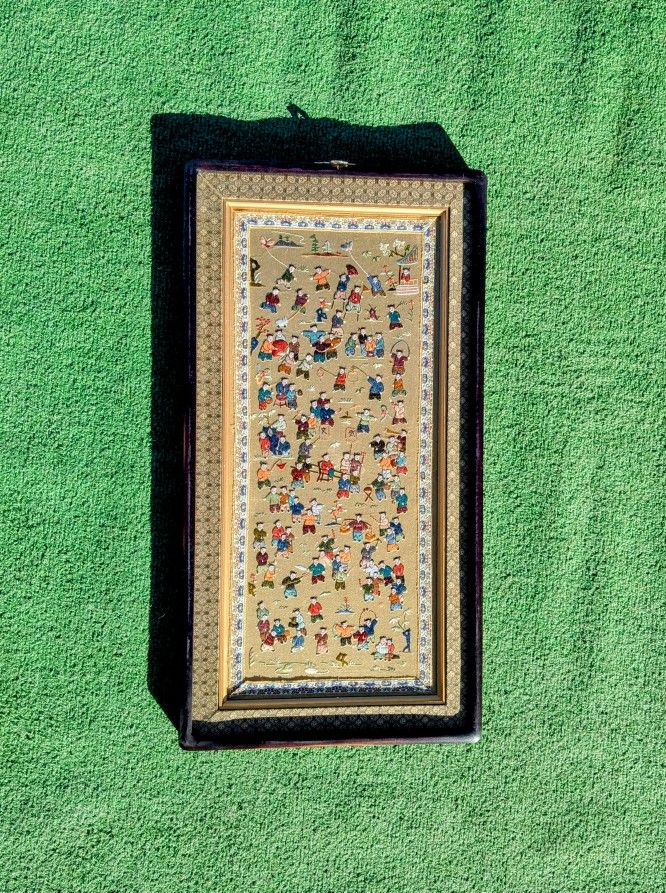 VTG Chinese Hand Embroidered Silk Panel-Hundred Children Playing-25x13" Framed
