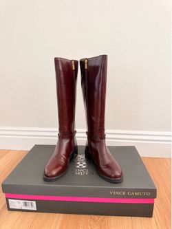 Vince Camuto Adria Tall Riding Boots Rich Mahogany Leather Size 7.5M Worn Once W/ Box