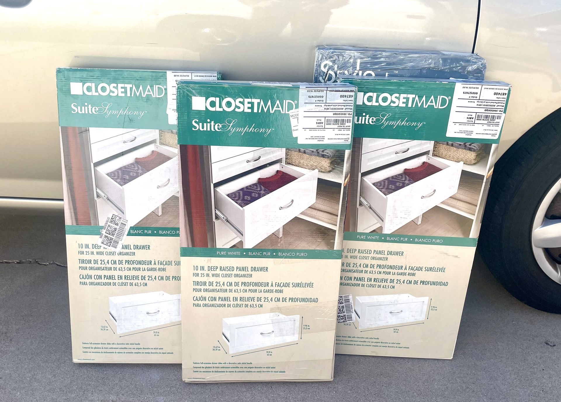 Set of 4 Closet Maid 25” w x 10” d Raised Panel Storage Drawers for 25” Storage Closet Tower