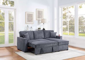 Convertible Sectional Reversible Storage Chaise W/ Cup Holder & USB & USB-C Port  Color: Dark Gray.     ☎️📱(213)713-74-89.   Seccional convertible en