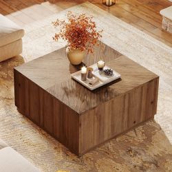 31.5" Solid Wood Coff-ee Ta-ble, Square C-enter C-ocktail T-able With Parquet Top