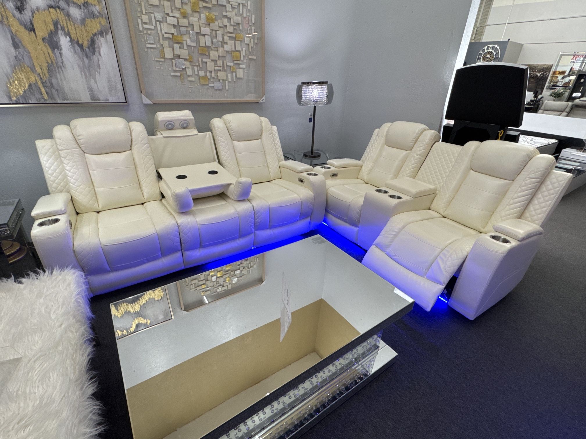 New 3pcs Creamy White Power Recliner Sofa Set with Storage Console/Cup Holders/USB Ports