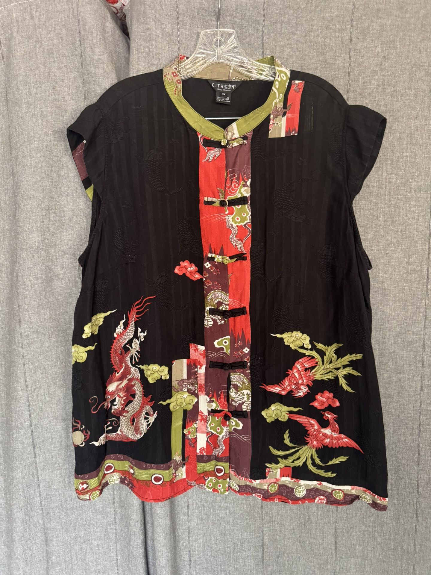 Citron Santa Monica Silk Floral Foo Dog Dragon Embossed Koi Tunic Blouse Plus 3X