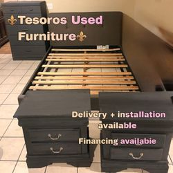 Queen bed frame with tallboy dresser & 2 nightstands