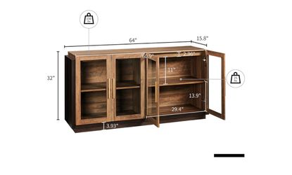 A64" Sideboard Buffet Cabinet with Glass Doors & LED Lights, Brown