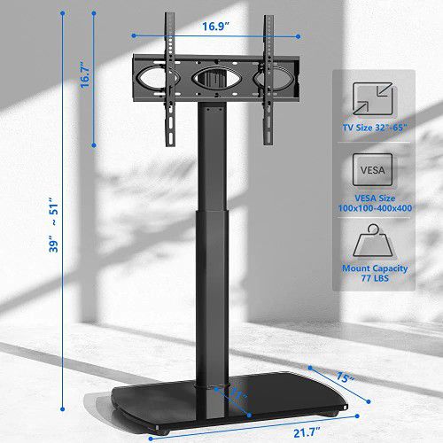 Universal Floor TV Stand Base with Swivel Height Adjustable Mount for 32 37 43 47 50 55 60 65 inch Plasma LCD LED Flat or Curved Screen TVs, Tempered