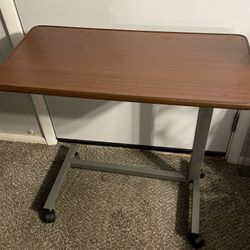 VAUNN (NEW & ASSEMBLED) MEDICAL ADJUSTABLE  OVERBED BEDSIDE TABLE WITH INTERLOCKING BACK WHEELS