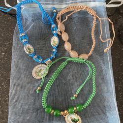 Boho Saint Medal Macramé Bracelets Set (3) - Layered Faith Style, Green Stone Beads  & Quartz - New $40 OBO