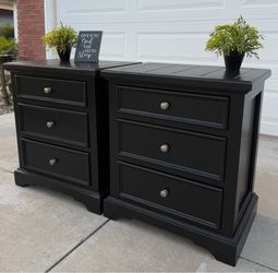 (2) Beautiful Black 3-Drawer Solid Wood Large Night Stands