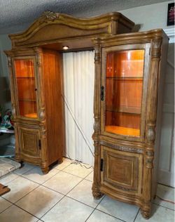 Glass Cabinets With Glass Shelves & Lights- Solid Wood- Good Condition
