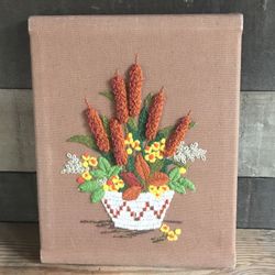 Vintage Embroidered Needlework Cattails Flower Basket Wall Art