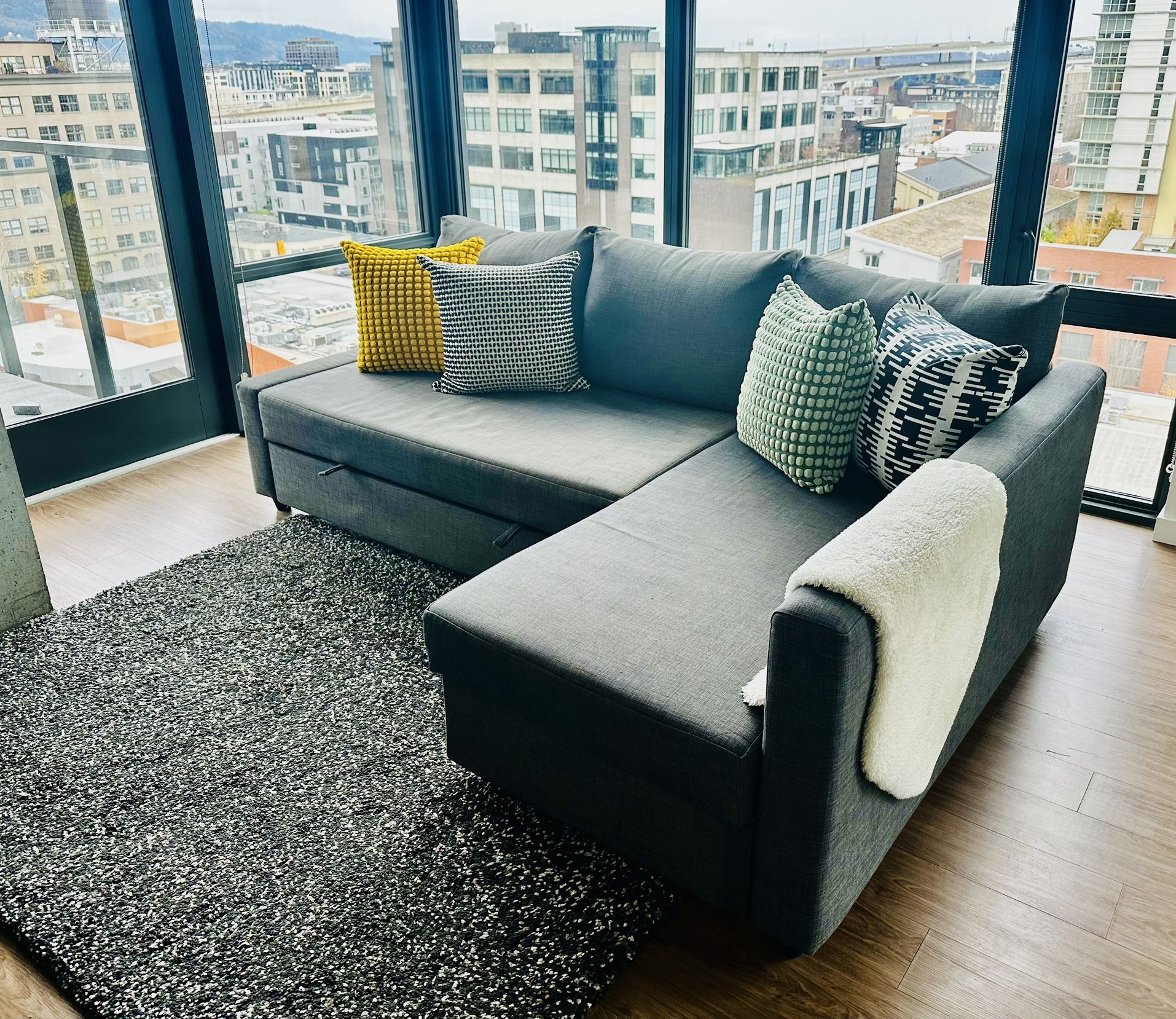 IKEA FRIHETEN Sleeper sectional, 3 seat w/storage, Skiftebo dark gray