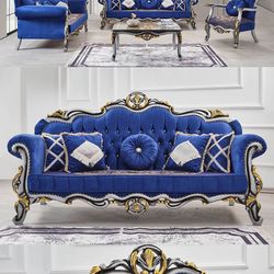 Blue Velvet Living Room Sofa Set 3pc - Delivery Available 