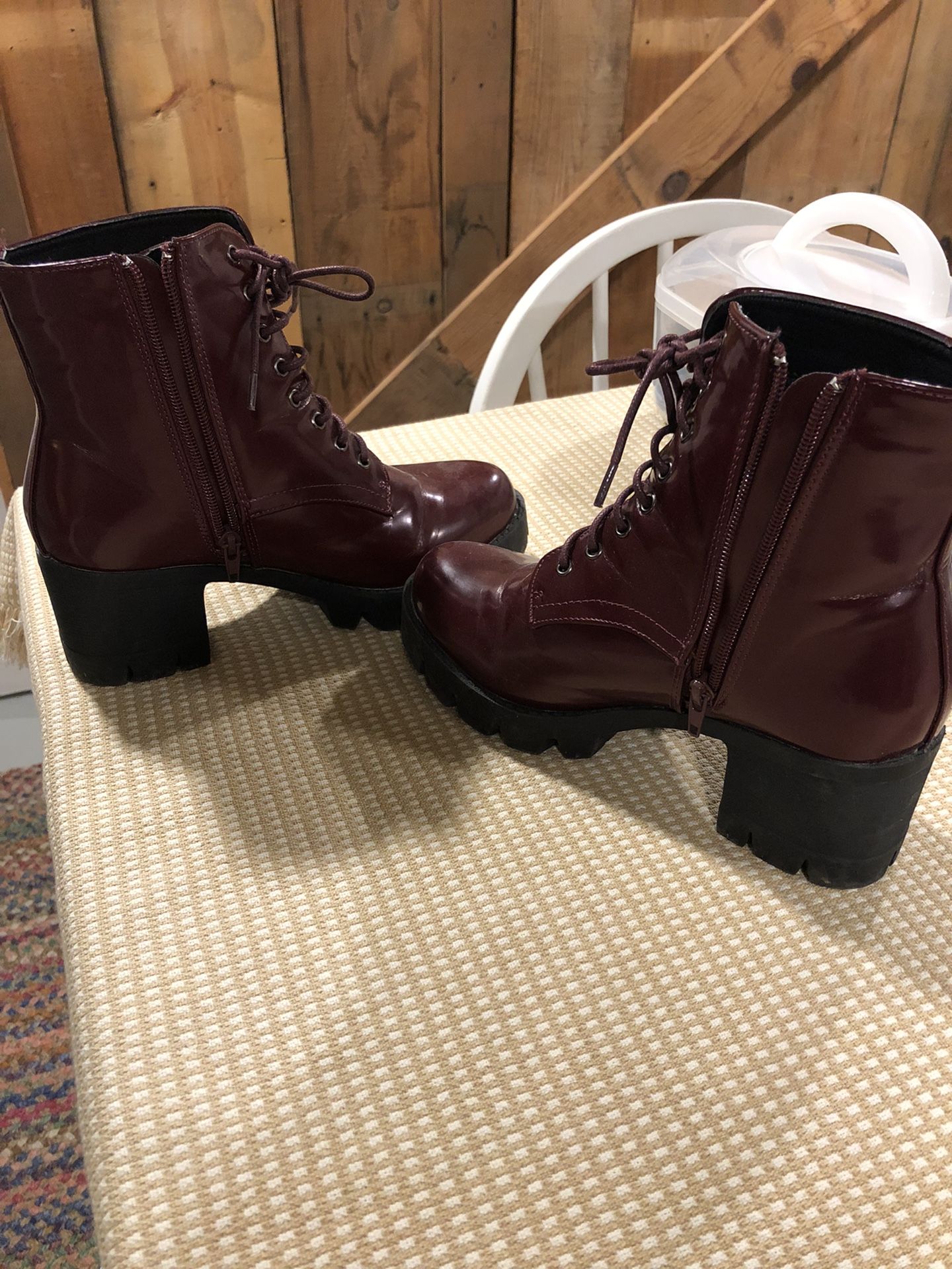 Burgundy Patent Leather Combat Boots Size 8 LIKE NEW!