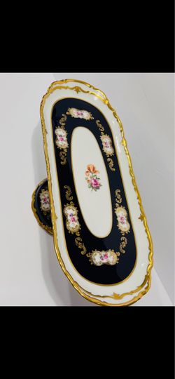 Vtg REICHENBACH Germany Echted Cobalt Baroque & 24K Gold Trim Pedestal Tray . Very rare and elegant cobalt tray with hand painted floral design is in 
