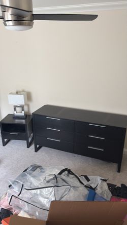 Dark wood dresser, side table with lamp